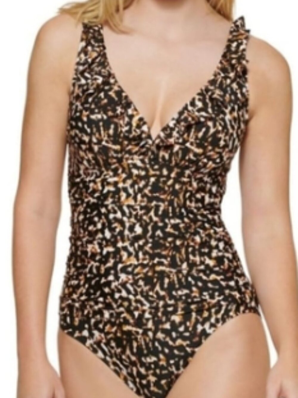 DKNY ONE-PIECE SWIMSUIT SIZE 16 ANIMAL PRINT, RUFFLE STRAPS UPF 50+